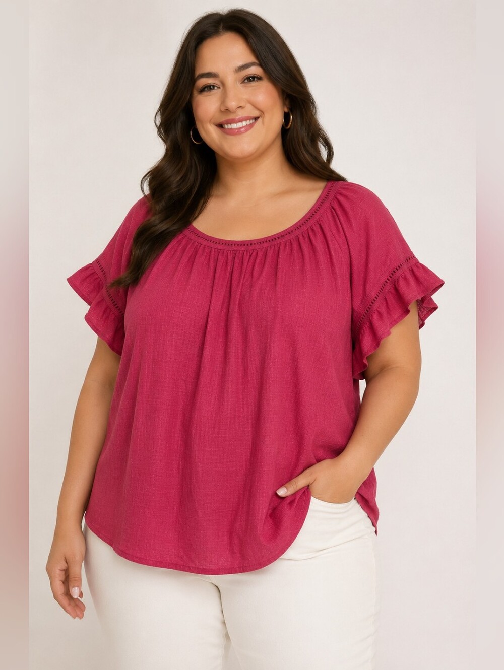 Max Studio Raspberry Scoop Neck Ruffle Sleeve Blouse